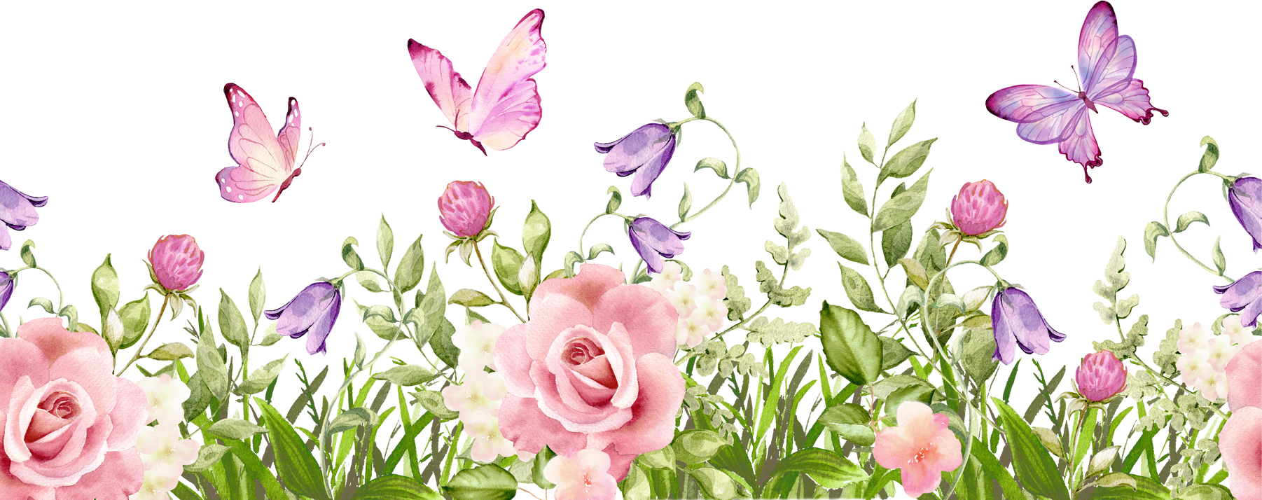 Watercolor floral border with pink butterflies and flowers. Spring garden copsition